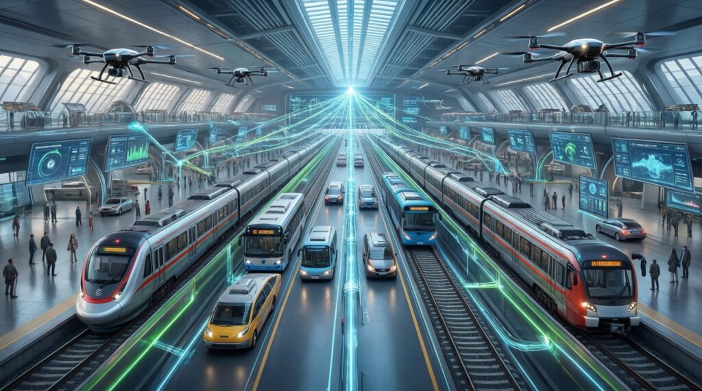 Транспорт и логистика: работа аэропортов/портов, паромов, автобусов и ж/д сообщений - иллюстрация