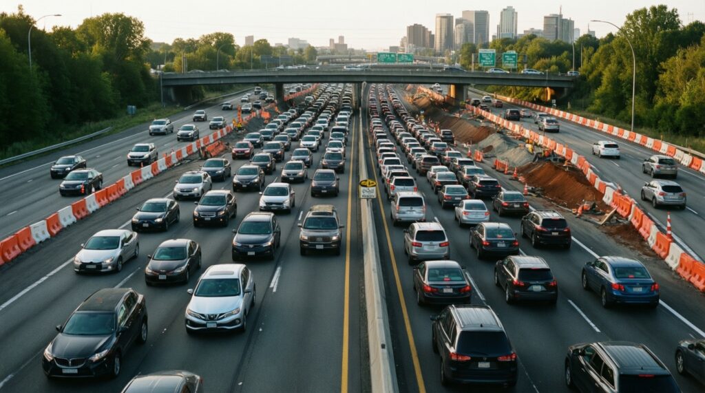 Ситуация на дорогах: пробки, ремонты, перекрытия, альтернативные маршруты - иллюстрация