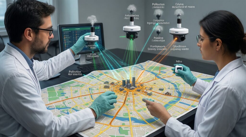 Экология: качество воздуха и воды, уборка берегов, полигоны и резонансные точки на карте - иллюстрация